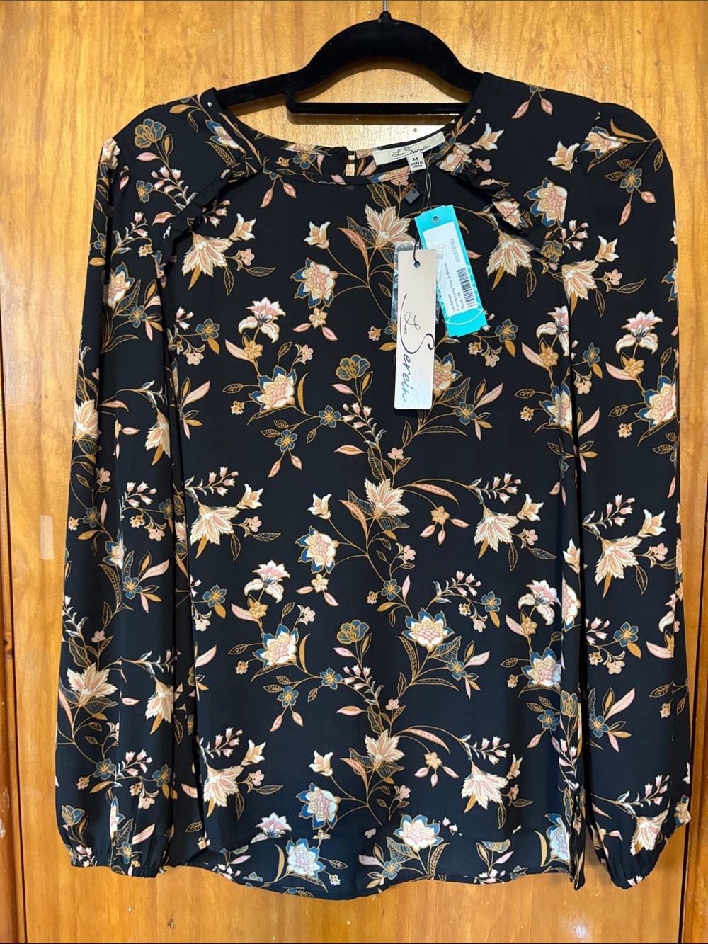 NWT Les Serein Karina Black Floral Long-Sleeve Blouse Dressy Top - Size M